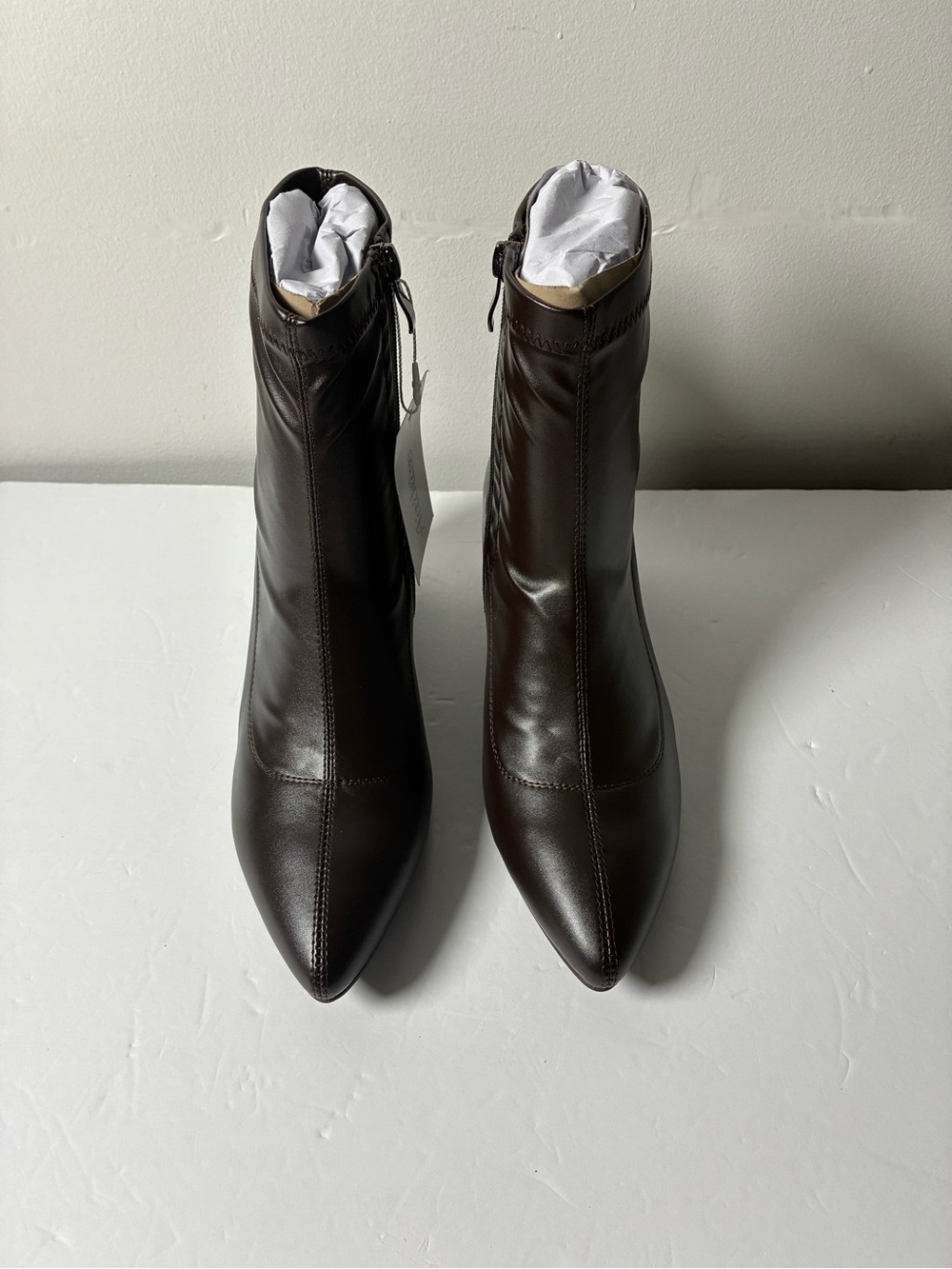 Pointed Toe Brown Leather Ankle Booties with Side Zip